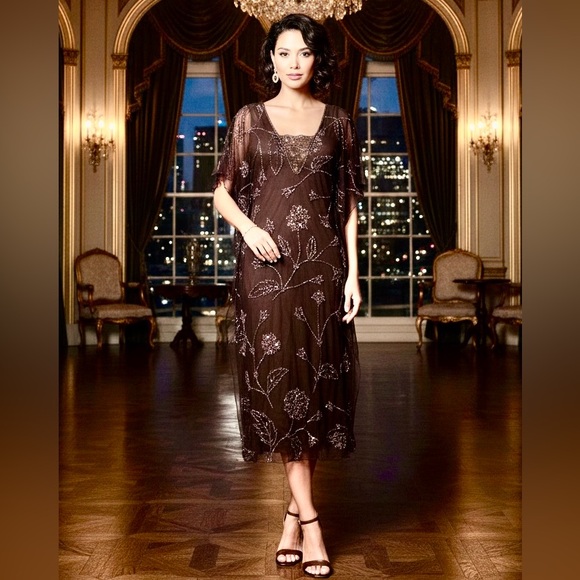 Elegant hand beaded‎ Brown Sheer Floral midi Dress - Picture 5 of 6